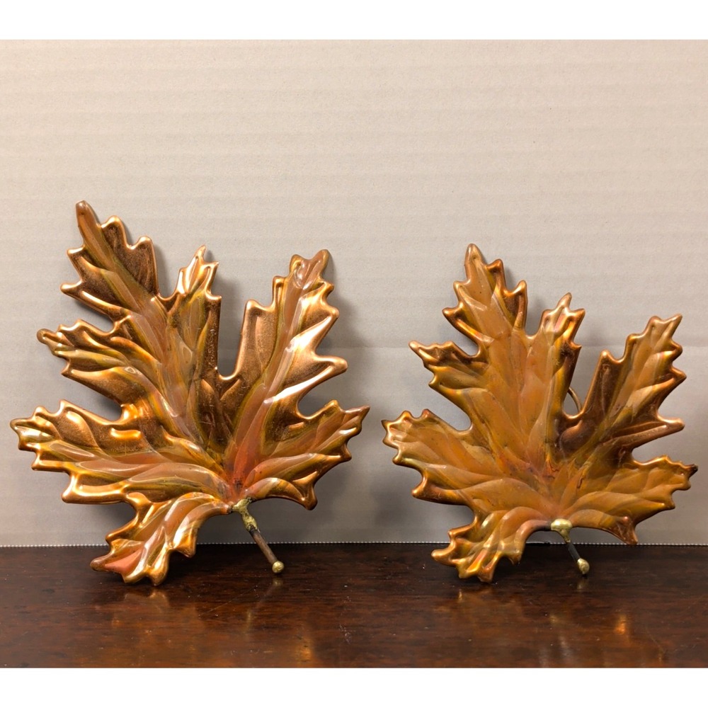 Pair Copper Metallic Metal Leaf Wall Decor Set of 2 Nature Theme Wall Mounted